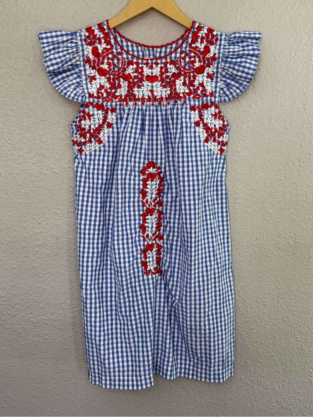 Six Honeybees Puebla Hand Embroidered Dress Size 12 Gingham Flutter Sleeves